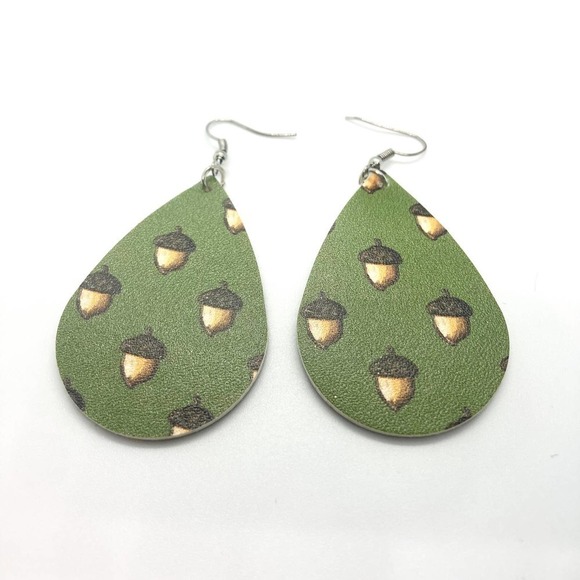 Faux Leather Teardrop Acorn Print Earrings - Picture 2 of 4